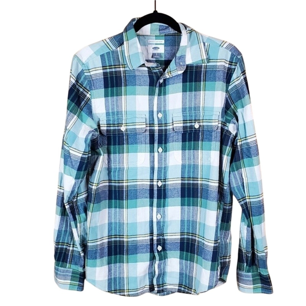 Old Navy Blue and Green Plaid Regular Fit Flannel Shirt Size Small